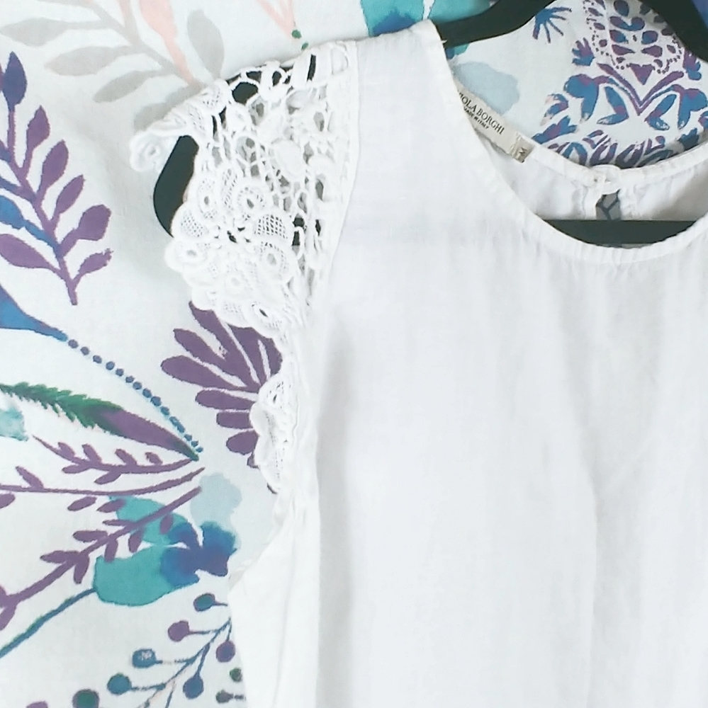 White Linen Top w/ Lace Cap Sleeves | Viola Borghi